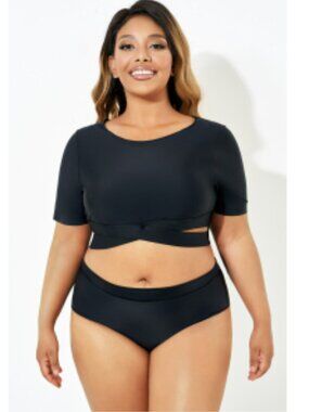 NWT. MEET. CURVE. Black Cross Under the Bust Bikini Top with Sleeves